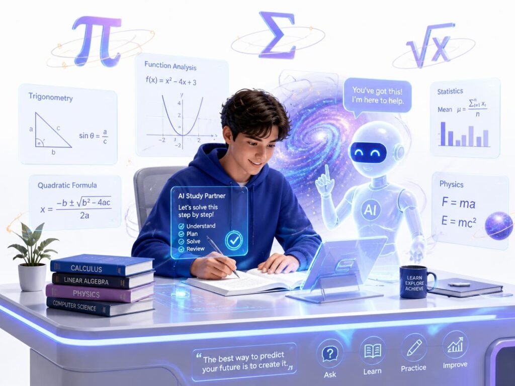 Student AI mentor mathematical symbols orbit ring stars blue-purple gradient